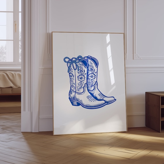 Blue Cowboy Boots Floral Stitch Bow Coastal Western Art Poster