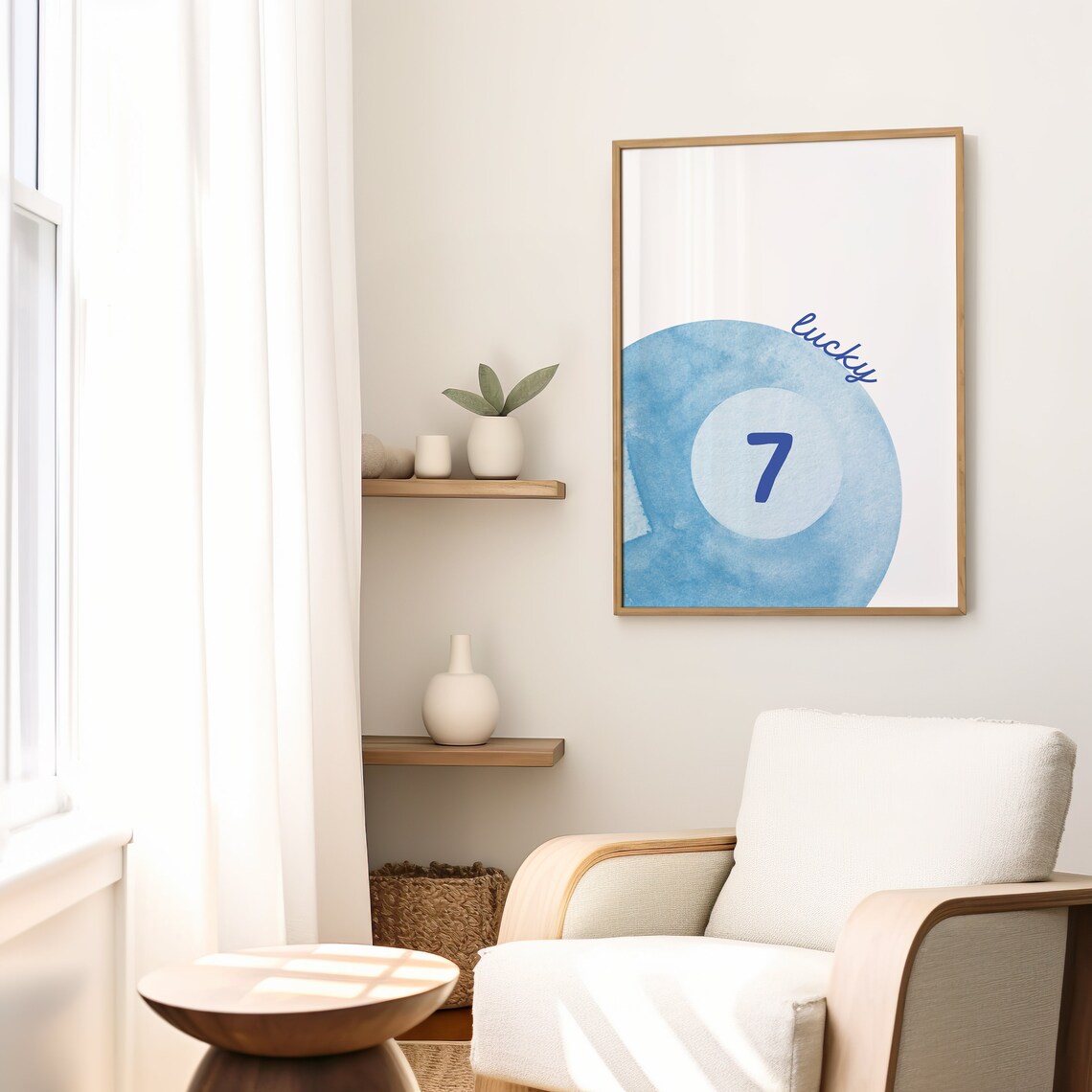 Lucky Number Seven Blue Watercolor Pool Ball Retro Game Art Poster - Image 2