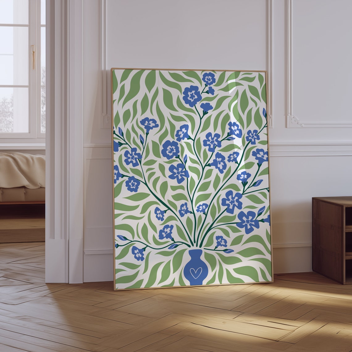 Blue Flower Green Leaf Botanical Vase With Heart Retro Floral Print