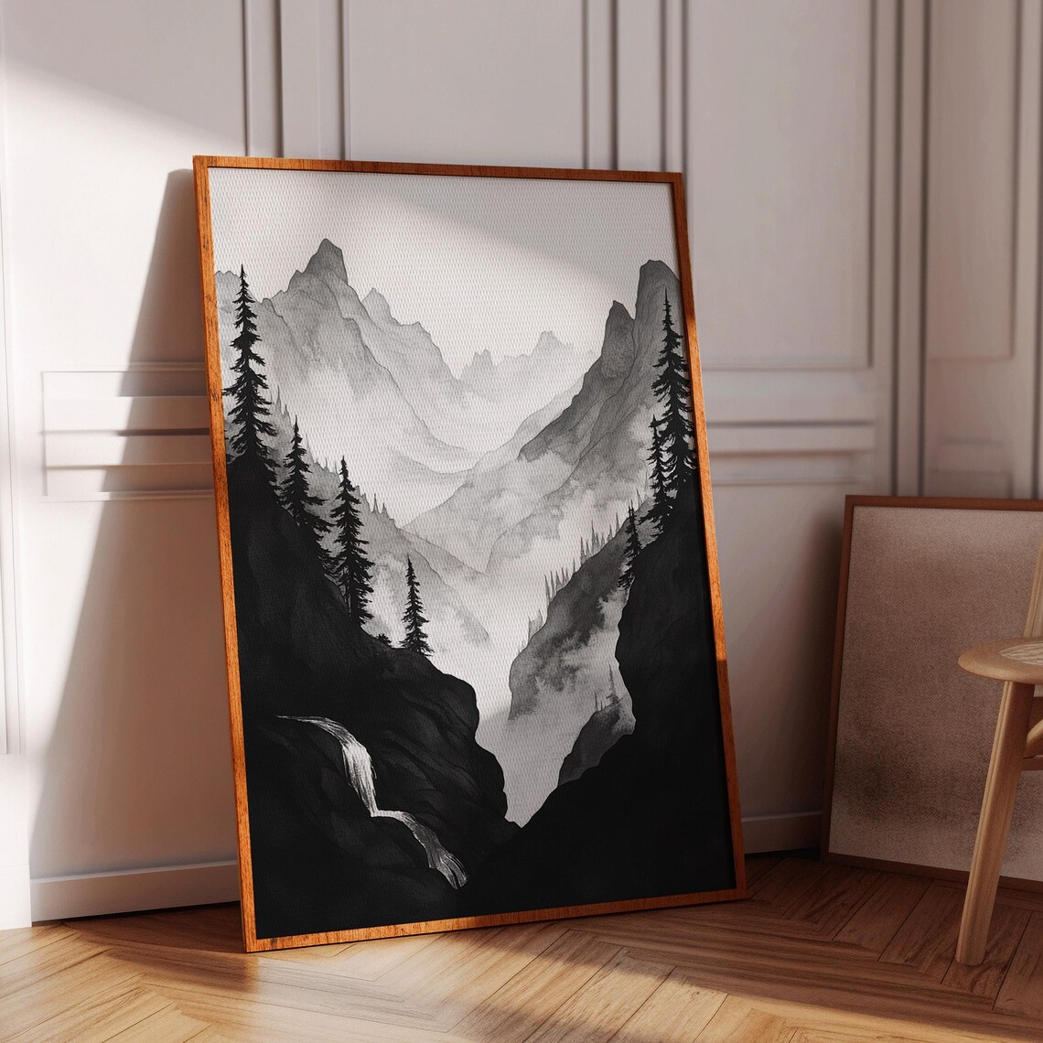 Mountain Misty Forest Landscape, Minimalist Nature Illustration