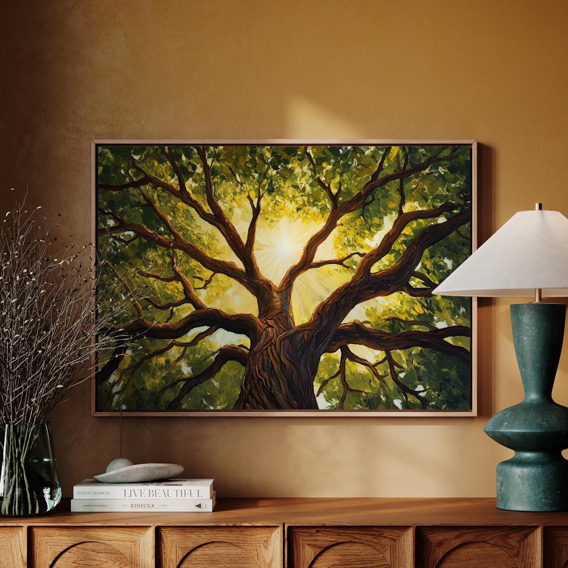 Majestic Oak Tree Canopy Sunlight Glowing Branches Wall Poster