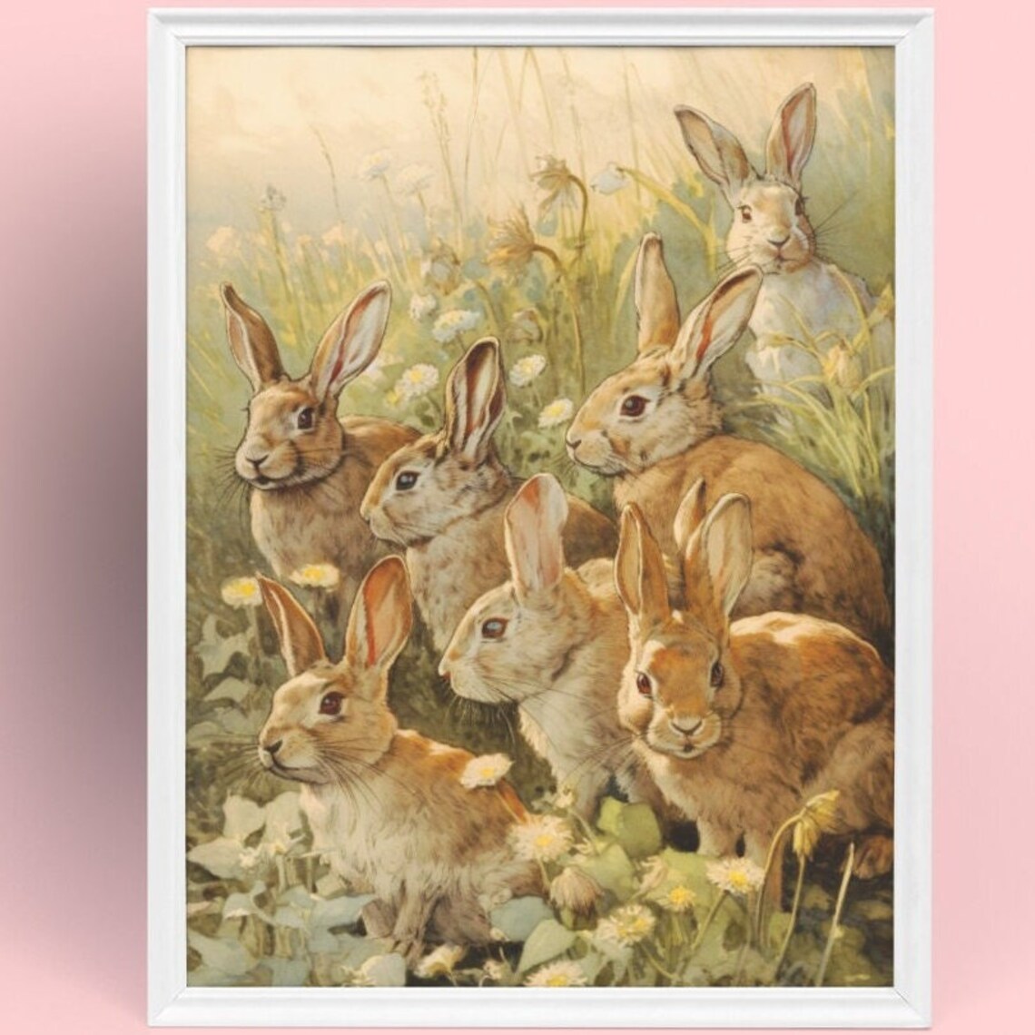Seven Brown Bunnies in a Spring Meadow Watercolor Garden Scene Poster - Image 3