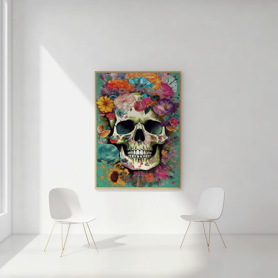 Colorful Skull with Flowers Day of the Dead Boho Gothic Art Poster - Image 2