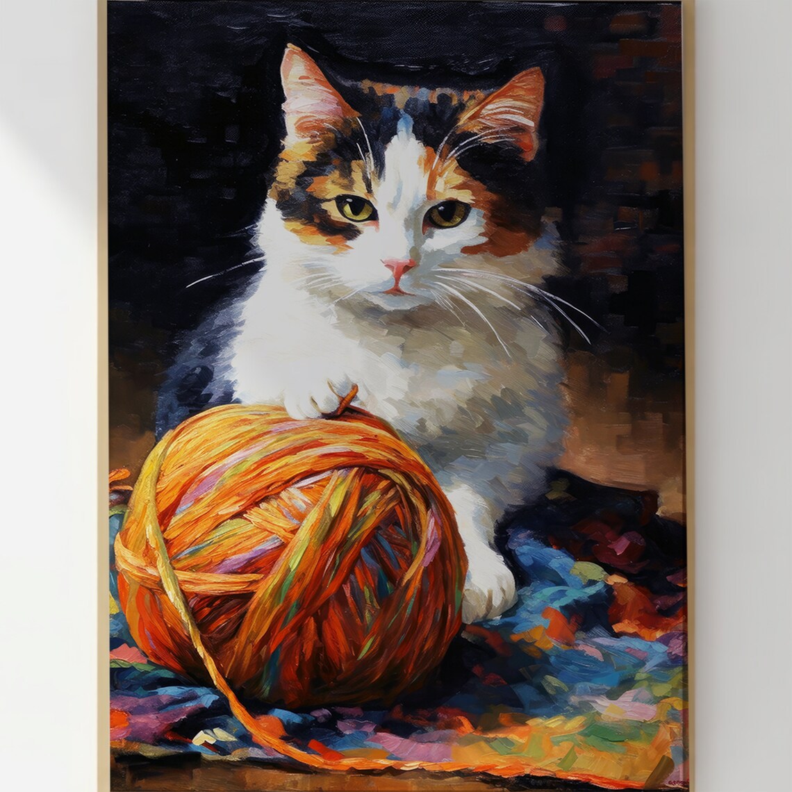 Playful Calico Kitten With a Ball of Yarn Funny Cat Art Poster - Image 3