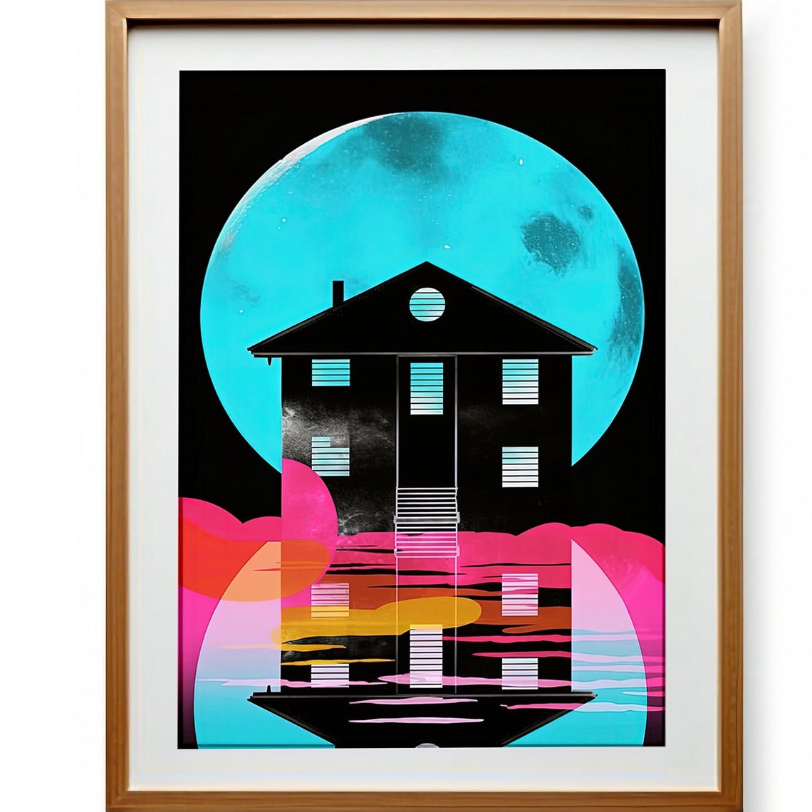 Colorful Abstract House Silhouette Teal Moon Modern Wall Art - Image 3