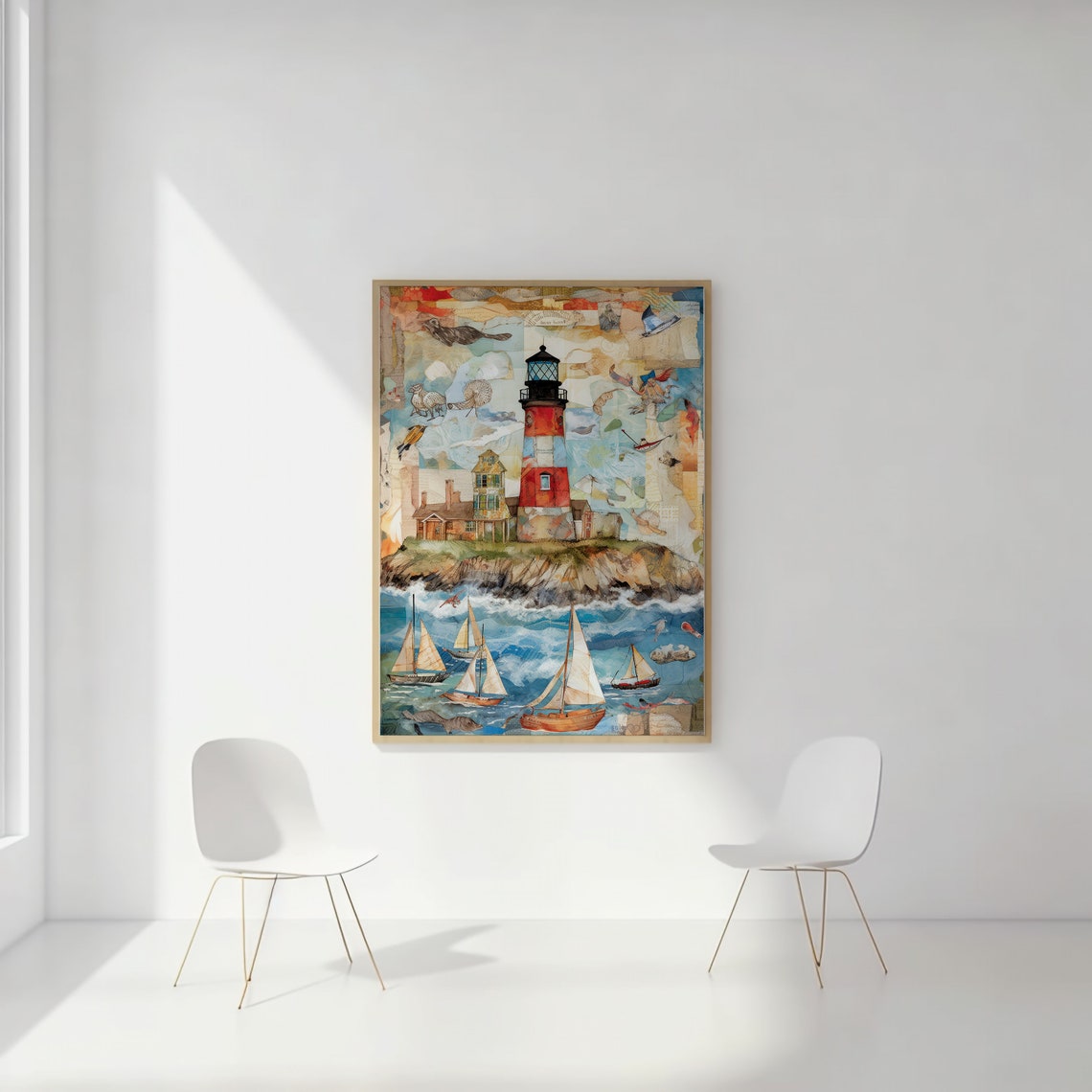 Red Lighthouse Coastal Collage Sailboats Nautical Scene Wall Art - Image 2