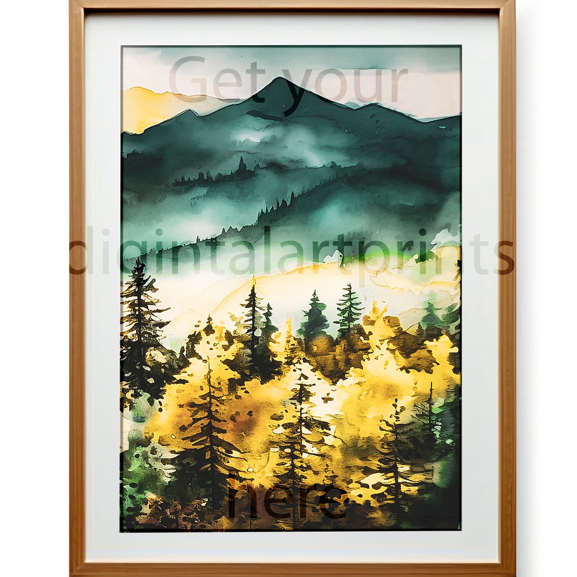 Sunrise Over Pine Forest Watercolor Golden Mist Landscape Art Print - Image 3