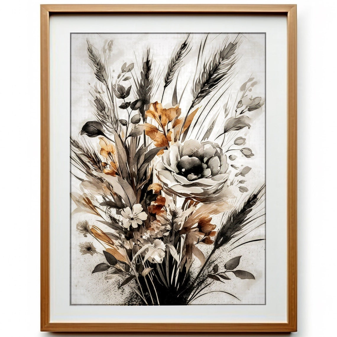 Vintage Sepia Wildflower Bouquet Wheat Elegant Botanical Art Print - Image 3
