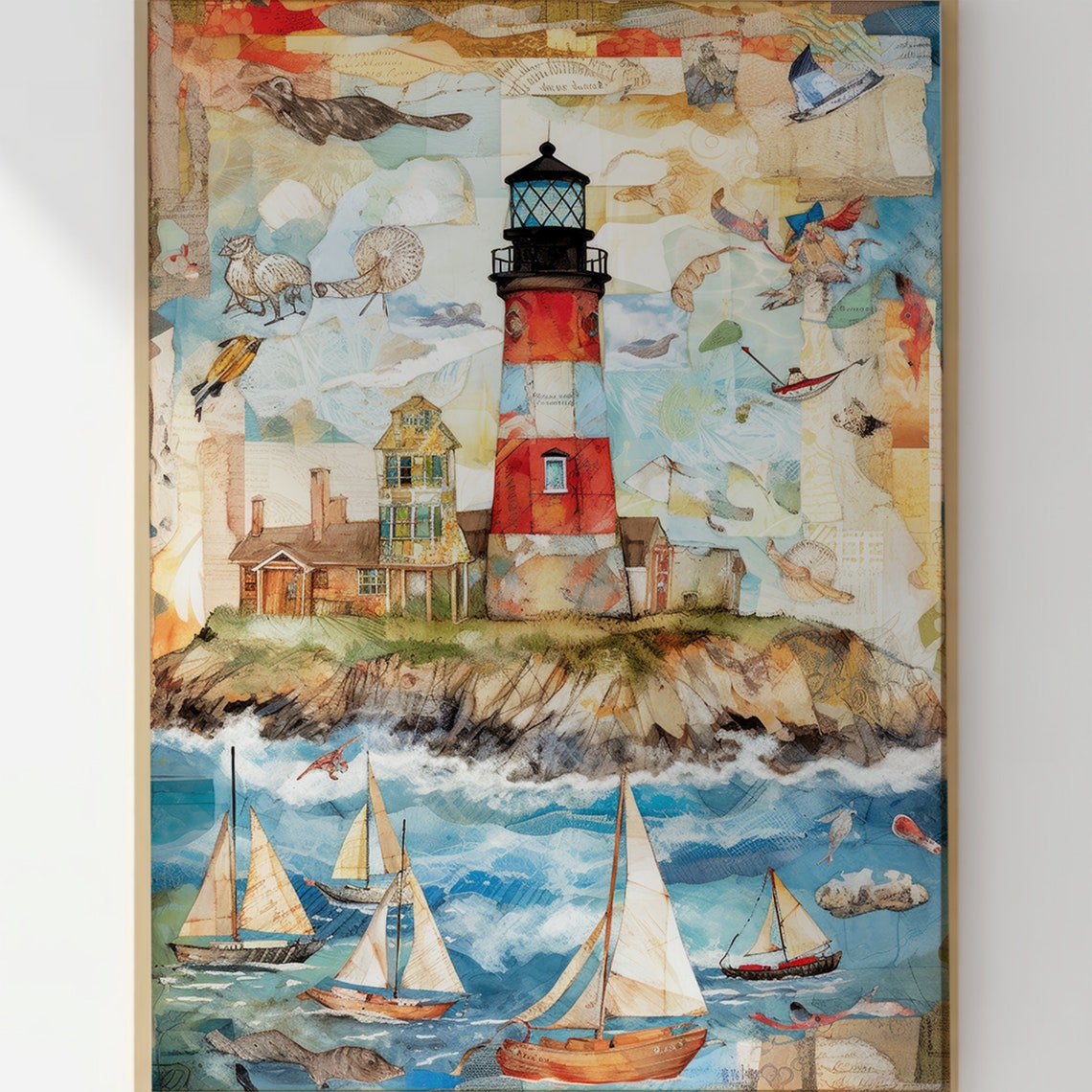 Red Lighthouse Coastal Collage Sailboats Nautical Scene Wall Art - Image 3