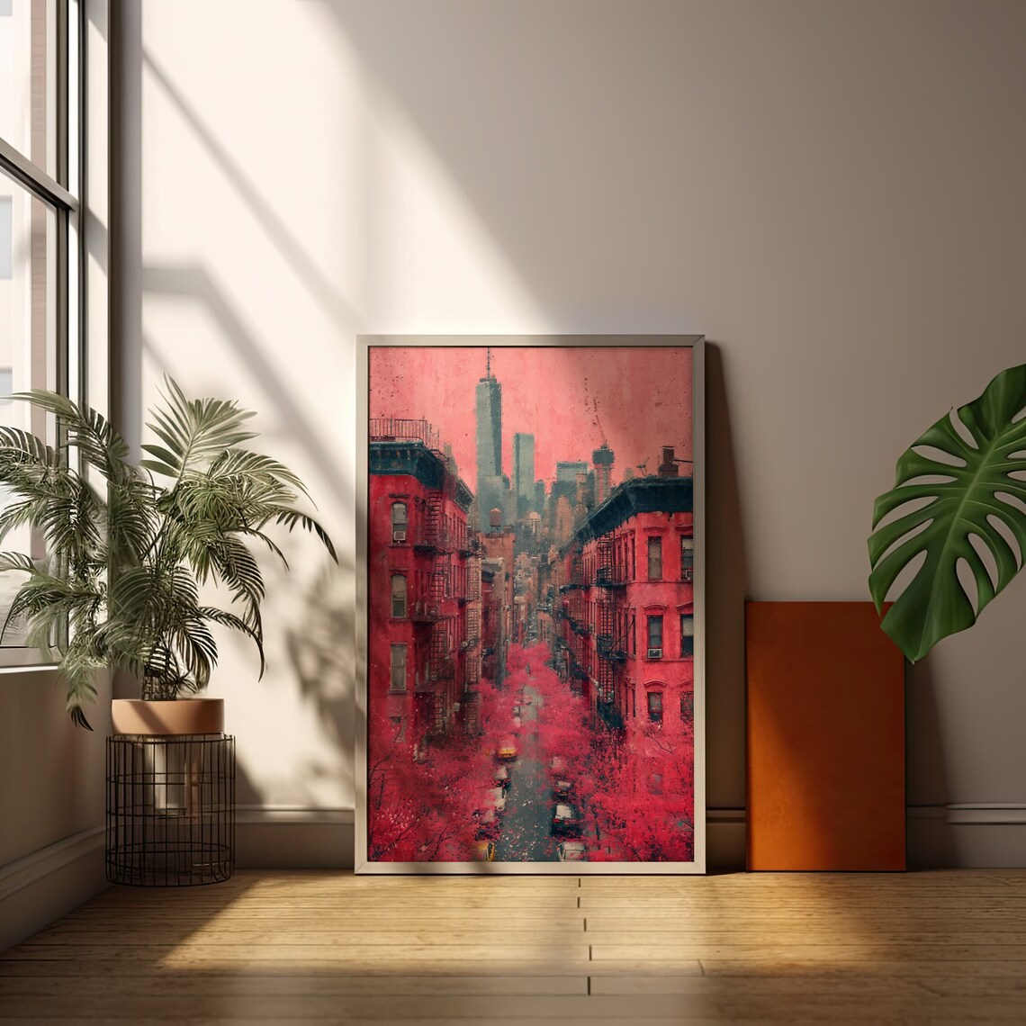 Surreal Red New York City Street Fire Escapes Cherry Blossom Poster - Image 2