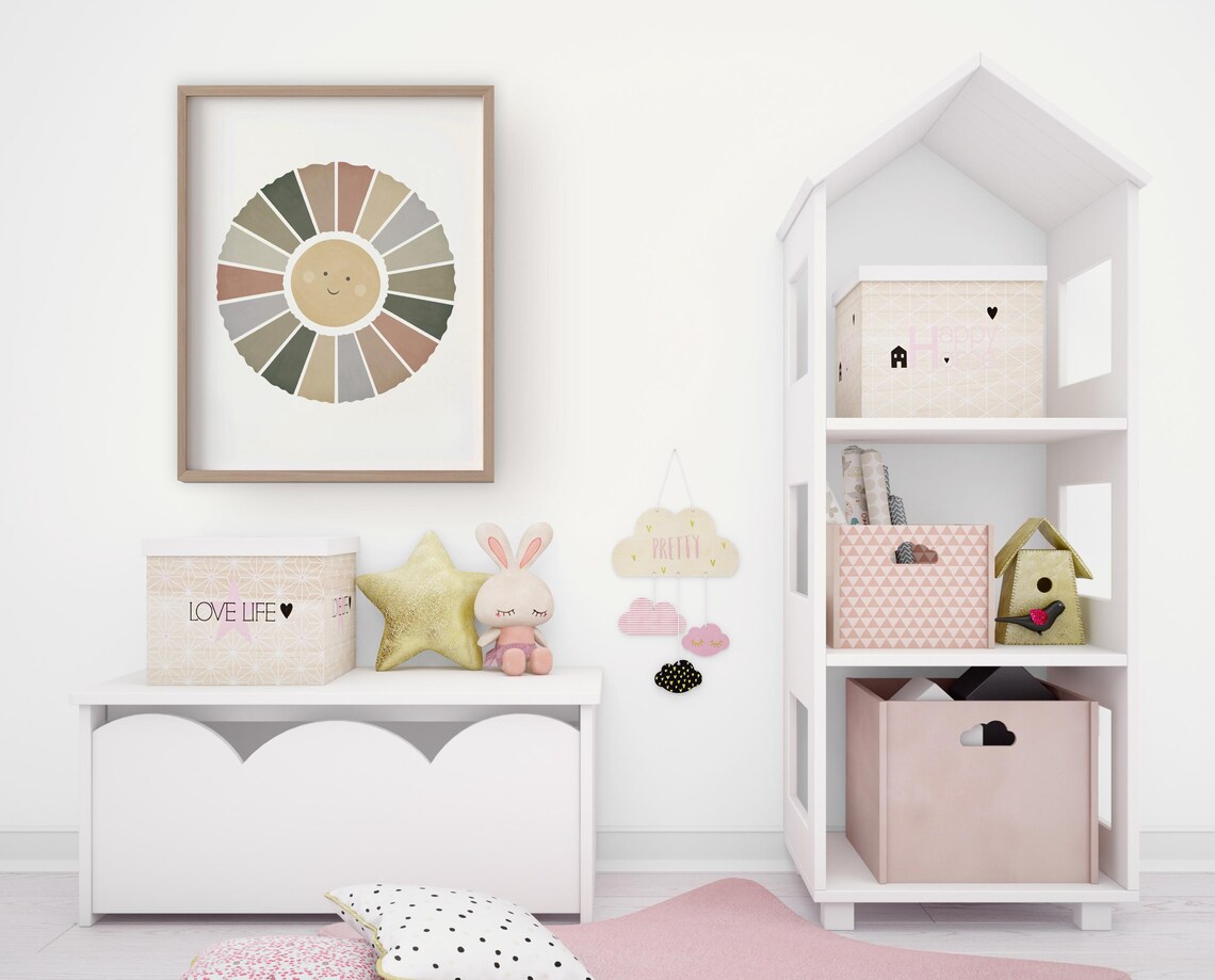 Smiling Sun Watercolor Boho Nursery Neutral Kids Playroom Poster - Image 2