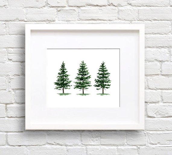 Pine Trees Watercolor Art Print, Nature Wall Decor