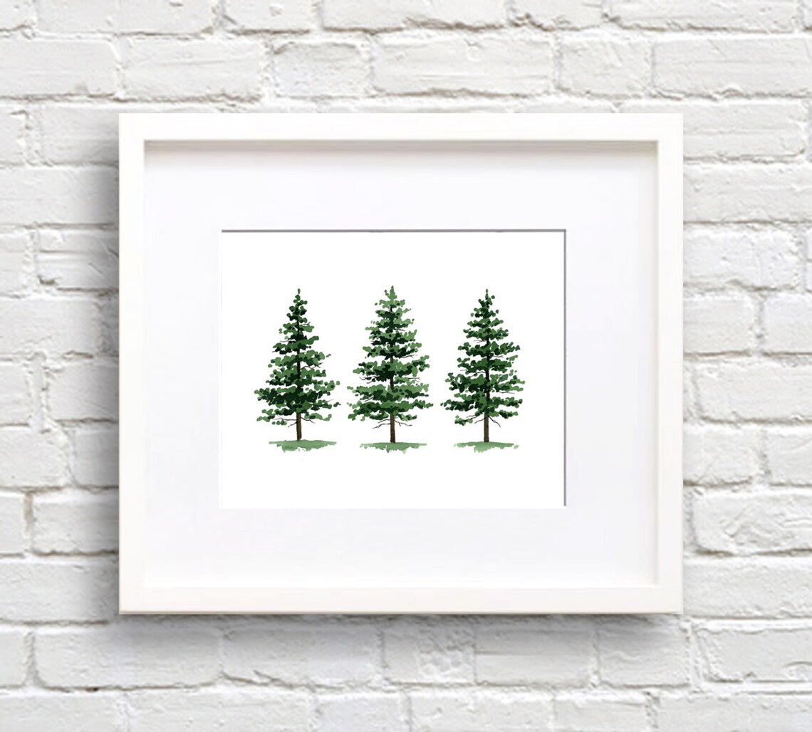 Pine Trees Watercolor Art Print, Nature Wall Decor