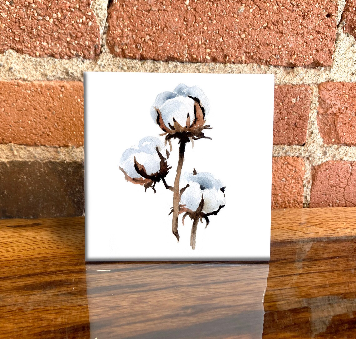 Cotton Bolls Branch Watercolor Farmhouse Botanical Tile Poster
