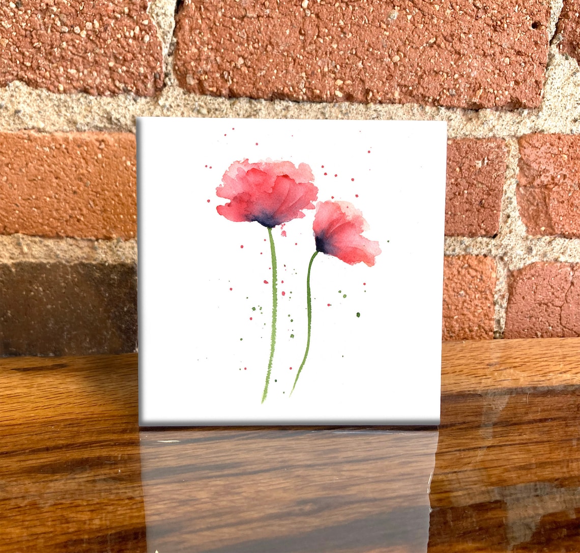 Bright Red Poppies Watercolor Pair Floral Minimalist Stunning Poster