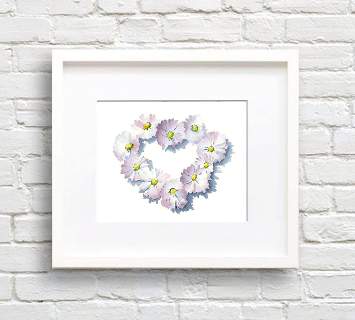 Heart Shaped Daisy Wreath Watercolor Romantic Pink Floral Love Poster
