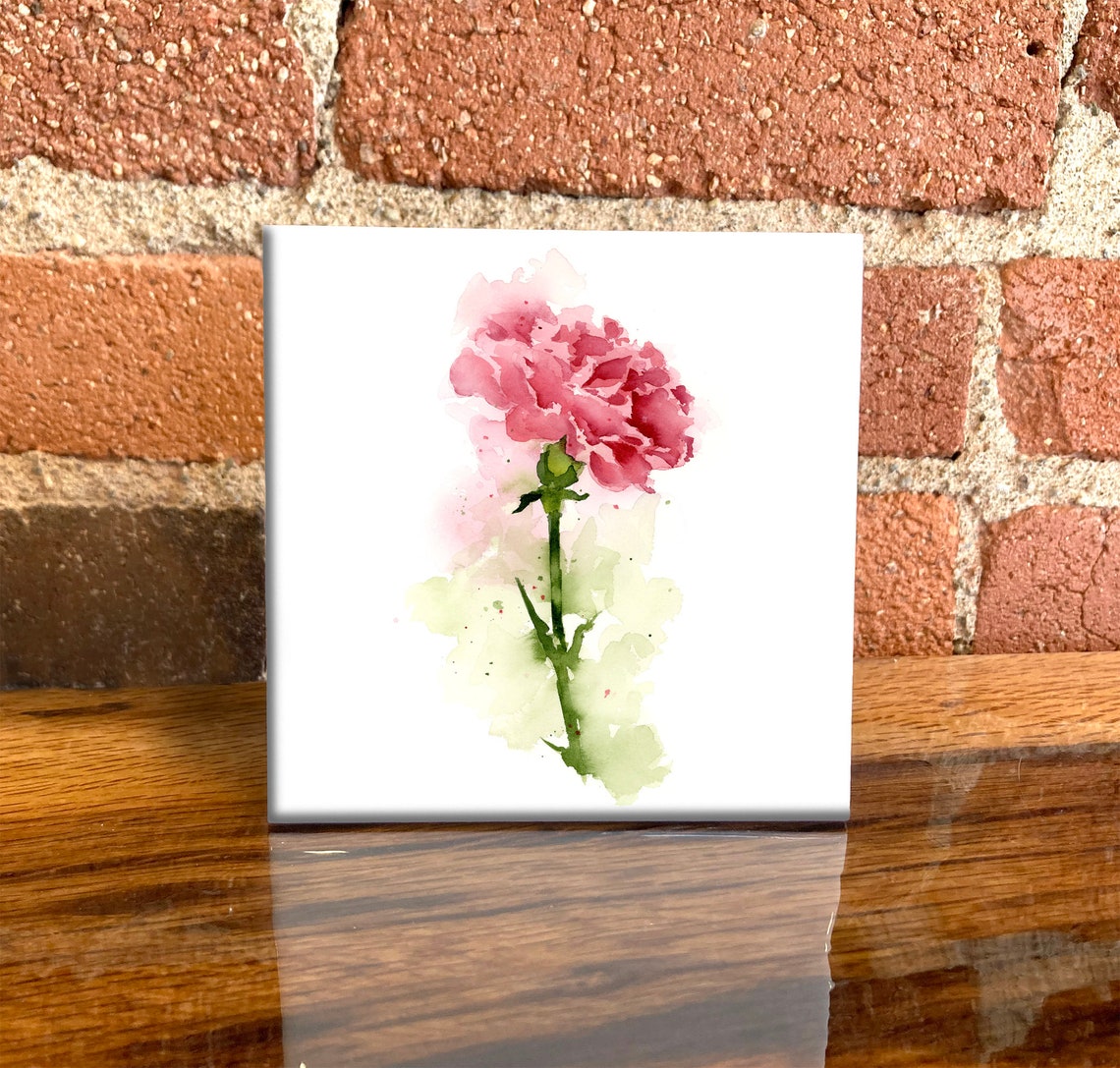 Pink Carnation Watercolor Floral Botanical Ceramic Tile Wall Art