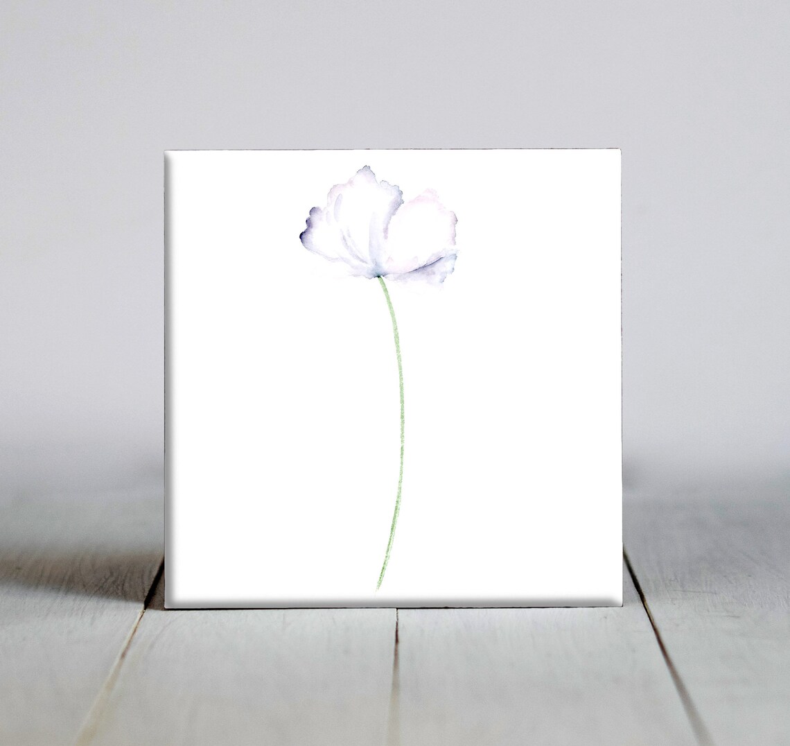 Single White Poppy On Slender Stem Watercolor Minimal Tile Poster