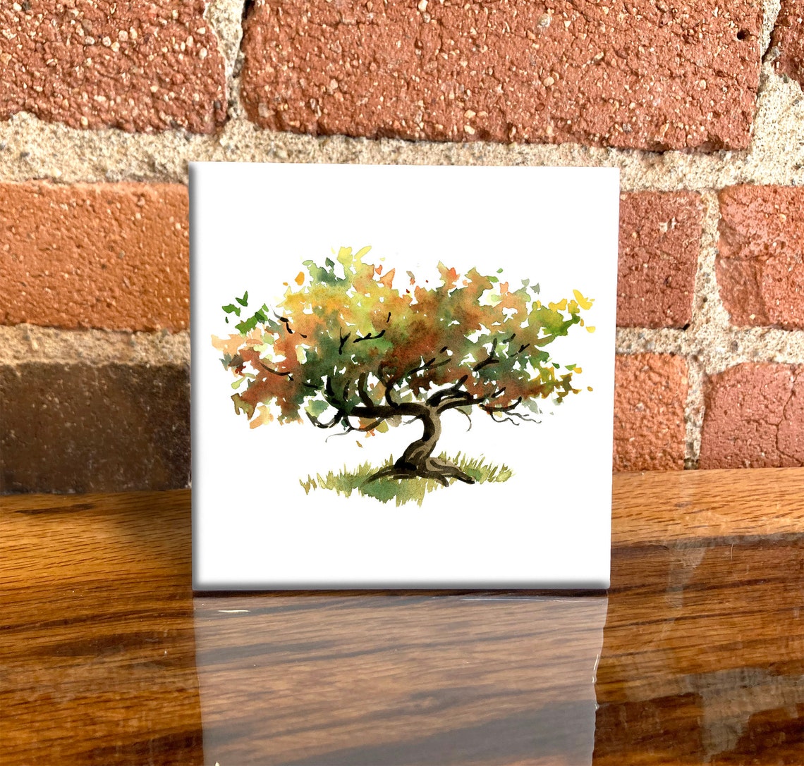 Twisted Autumn Tree Watercolor Landscape Ceramic Tile Wall Art