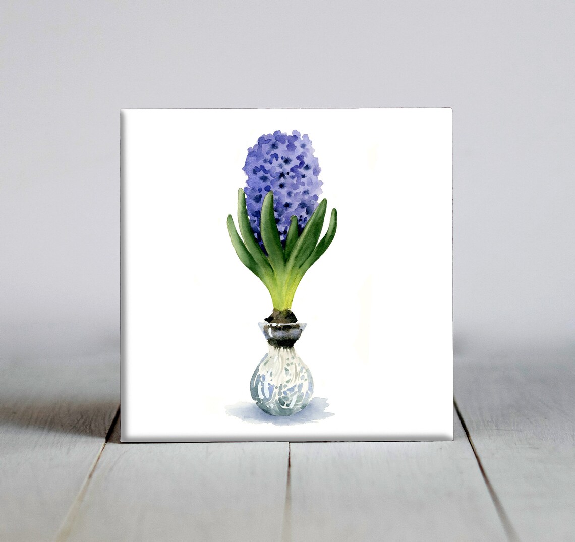 Purple Hyacinth Blooming In Glass Vase Watercolor Spring Tile Poster