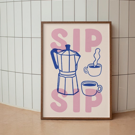 Pink Moka Pot Print Coffee Art Sip Sip Coffee Lover Poster Cute Kitchen Wall Art Pink Blue Aesthetic Room Decor Fun Wall Art