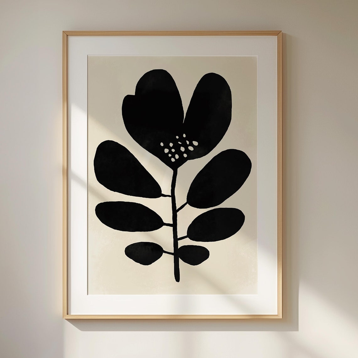 Black Abstract Floral Stem Cream Background Minimal Art Poster