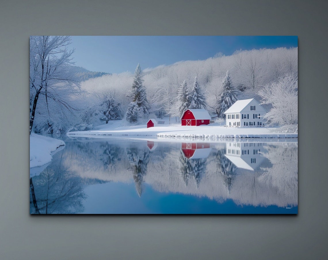 Snowy Red Barn and Farmhouse Mirror Lake Winter Scene Poster