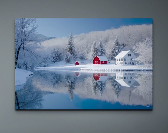 Snowy Red Barn and Farmhouse Mirror Lake Winter Scene Poster