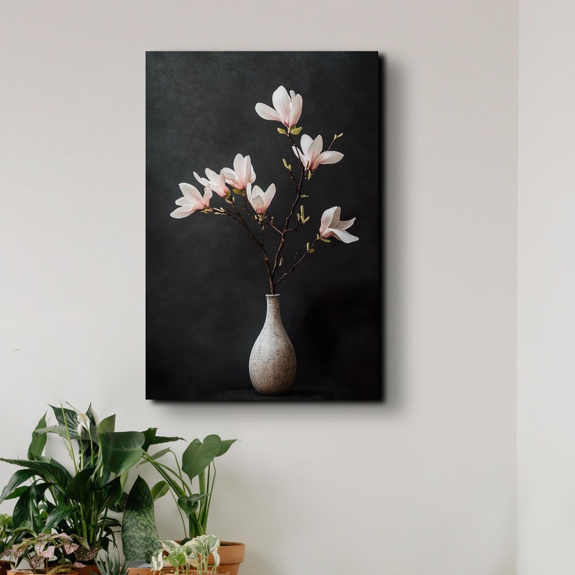 White Magnolia Blossom Vase Dark Background Botanical Poster