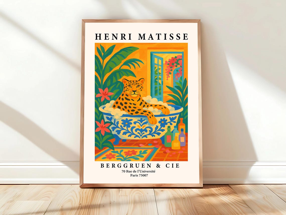 Bathroom Print Leopard Wall Art Maximalism Henri Matisse Pink Tropical Decor Animal