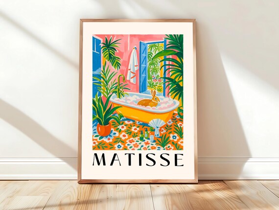 Matisse Bunny in a Bubble Bathtub Whimsical Tropical Bathroom Poster