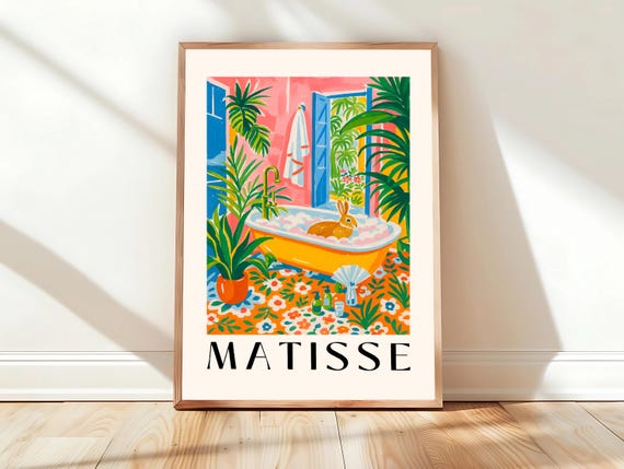 Rabbit In Bathtub Art Print Maximalist Decor Henri Matisse Pink Tropical Bathroom Animal
