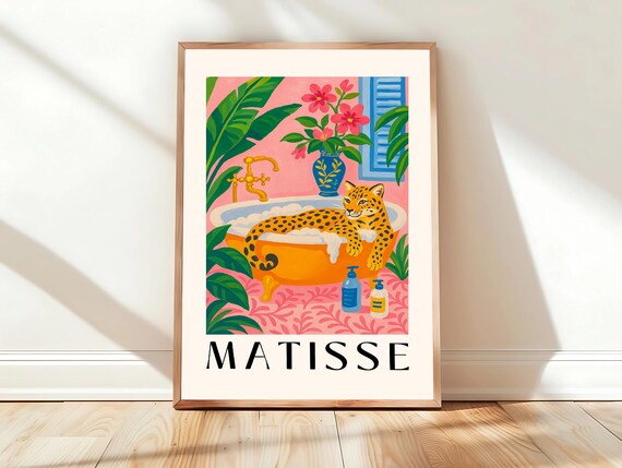 Spotted Leopard Lounging in Bathtub Matisse Style Tropical Poster