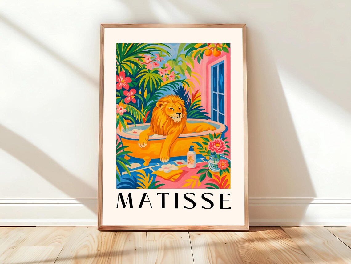 Lion In Bathtub Matisse Style Pink Tropical Bathroom Wall Poster