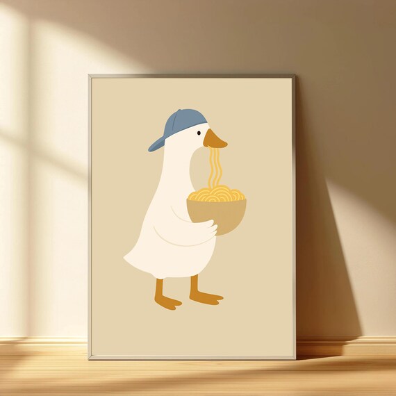 Silly Goose Eating Noodles Poster Funny Duck Ramen Art Quirky Bird Print Whimsical Food Wall Decor For Pet Lovers
