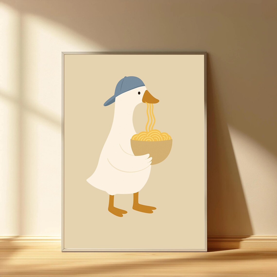 Silly Goose Eating Ramen Noodles with Bowl Cute Food Art Print