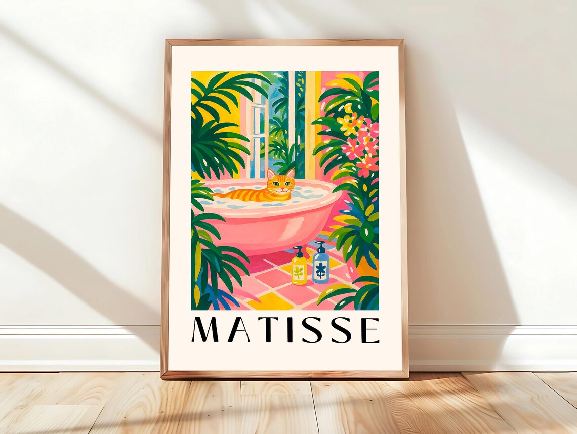 Tabby Cat In A Bathtub Funny Bathroom Wall Art Matisse Print Mid Century Modern Pink Dopamine Decor