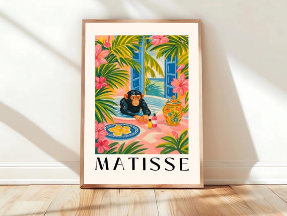 Matisse Print Chimpanzee In Bathtub Funny Poster Pink Dopamine Decor Maximalist Tropical Wall Art