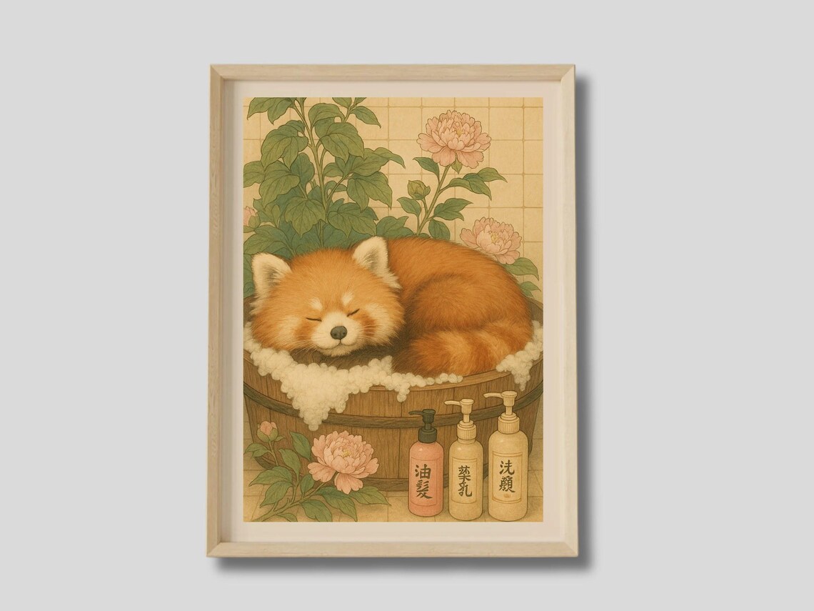 Red Panda Sleeping in Wooden Bath Japanese Style Floral Art Poster