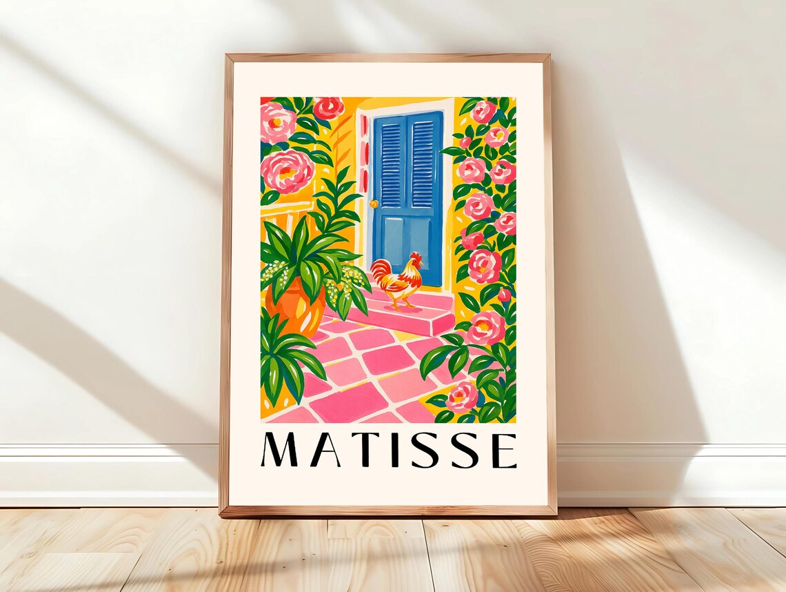 Rooster on Pink Steps by Blue Door Matisse Style Floral Art Poster