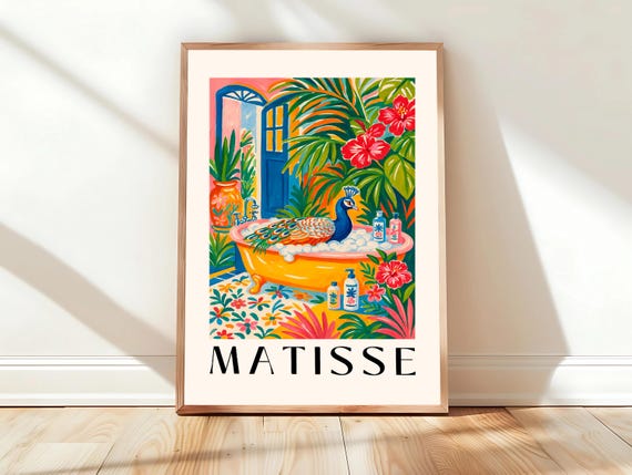 Dopamine Decor Peacock In Bathtub Art Print Funny Bathroom Henri Matisse Poster Mid Century Modern Wall