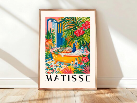 Peacock Soaking in Tub Matisse Style Tropical Bathroom Poster