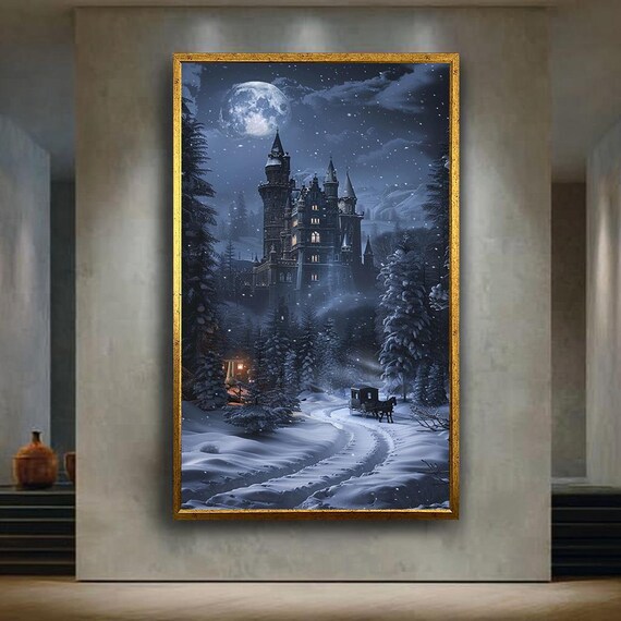 Moonlit Snowy Castle With Carriage Winter Night Fantasy Poster
