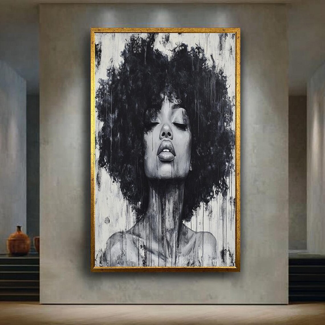 Woman with Afro Black and White Expressive Dripping Paint Portrait Poster
