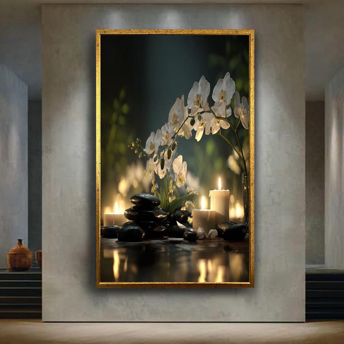White Orchid Candles Zen Stones Spa Still Life Calm Relaxing Print