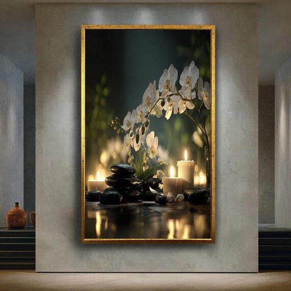 Spa Orchid Candle Wall Art Print Zen Stones With White Flowers Canvas Relaxing Meditation Poster Peaceful Home Decor Artwork