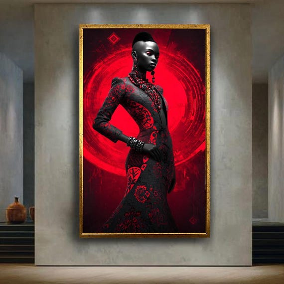 Afrofuturism Fashion Wall Art Print Red Black Elegant Tribal Dress Poster Bold African Sci Fi Woman Artwork