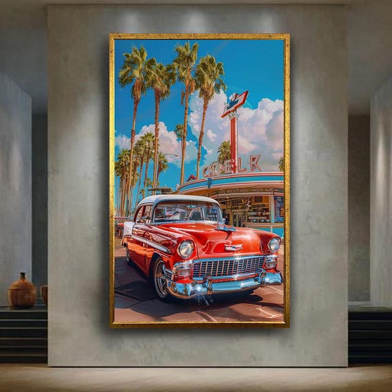 Retro Red Chevy Diner Canvas Wall Art Vintage 1950s Palm Tree Scene With Neon Sign Classic Car For Garage Or Home Decor