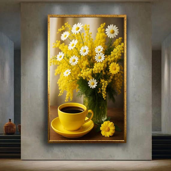Yellow Coffee Cup With Daisies And Mimosa Flowers Canvas Wall Art Bright Spring Floral Kitchen Print For Cheerful Home Cafe Decor