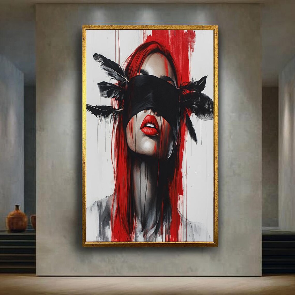 Woman with Red Hair Feathered Blindfold Bold Fashion Illustration Poster